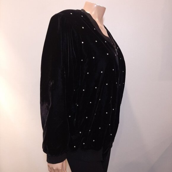 Vintage 80s Velvet Bomber Jacket Rhinestone Embellished Zip Front Velour Bling - Picture 11 of 16